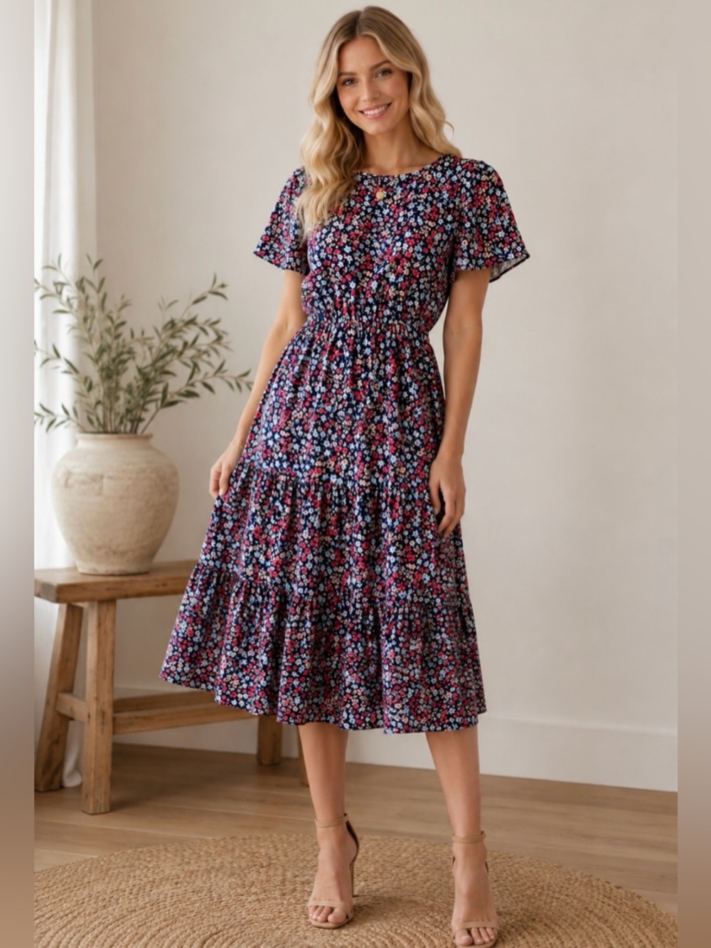 Reborn J -Floral Midi Dress in Navy Blue with Pink & White Flowers